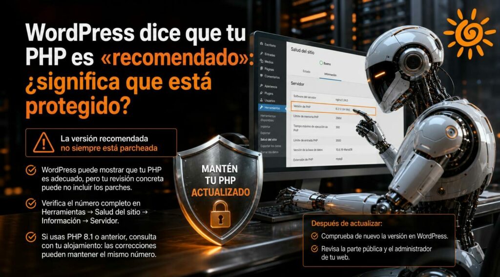 WordPress dice que tu PHP es «recomendado»: ¿significa que está protegido?